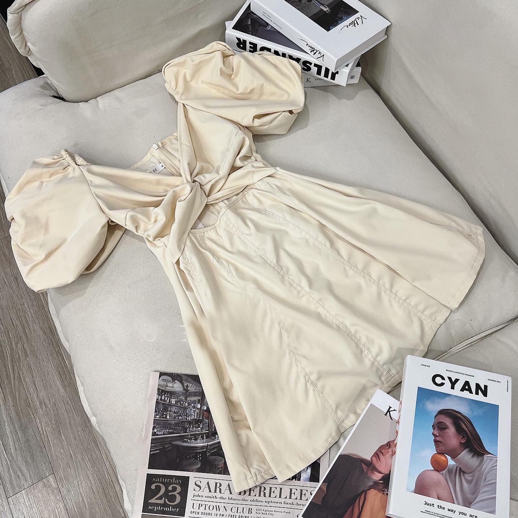 Đầm xoắn ngực tay bồng dáng ngắn cao cấp - TQ