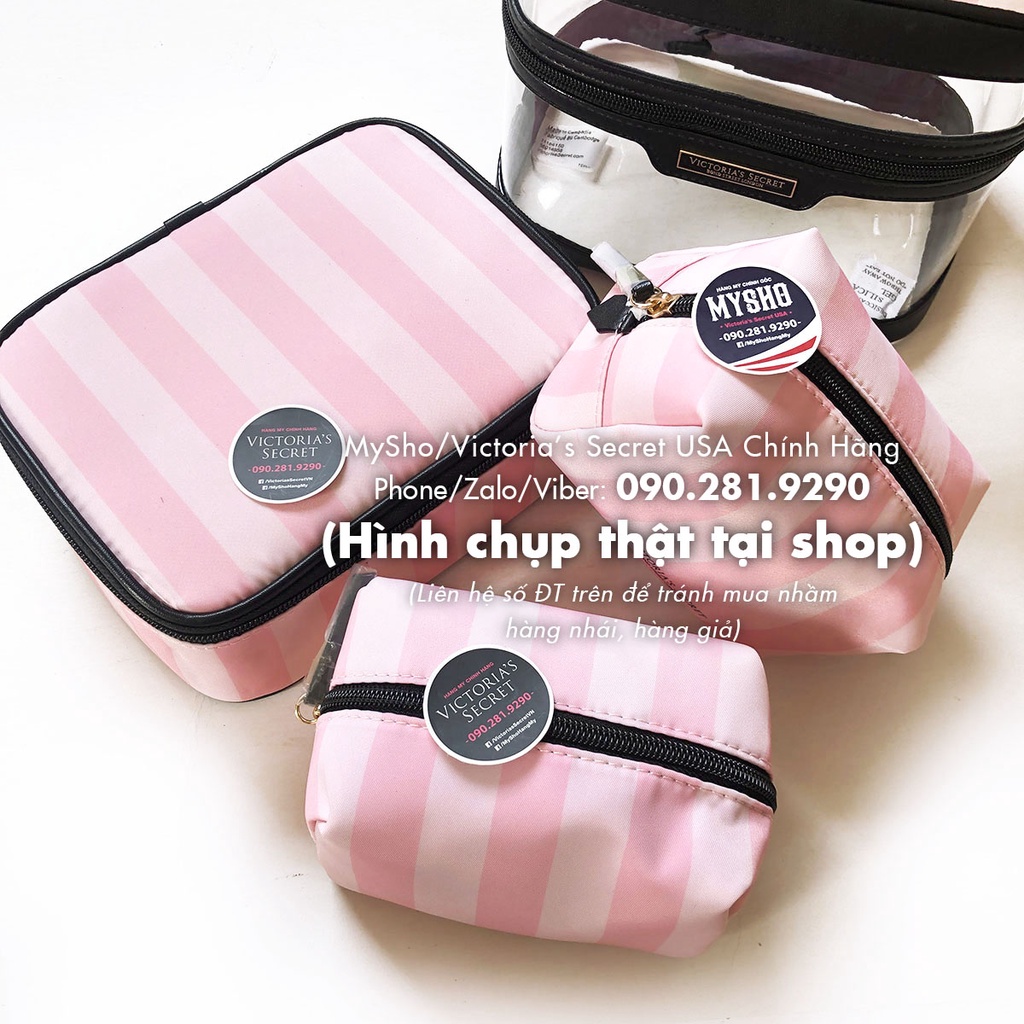 Bộ túi trang điểm sọc hồng siêu xinh, gọn nhẹ - Hàng nhập Victoria's Secret USA