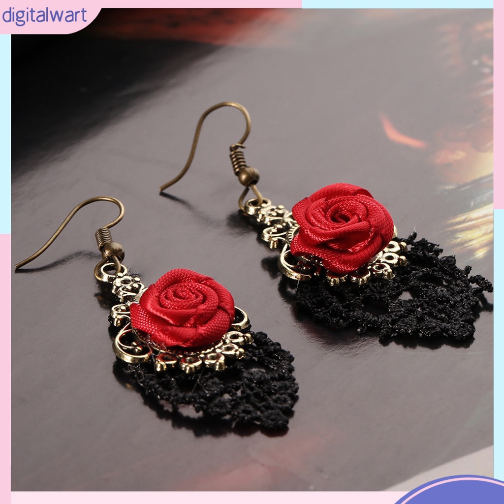 Cặp khuyên tai dáng dài phối ren đính hoa hồng sang trọng thanh lịch dành cho nữ