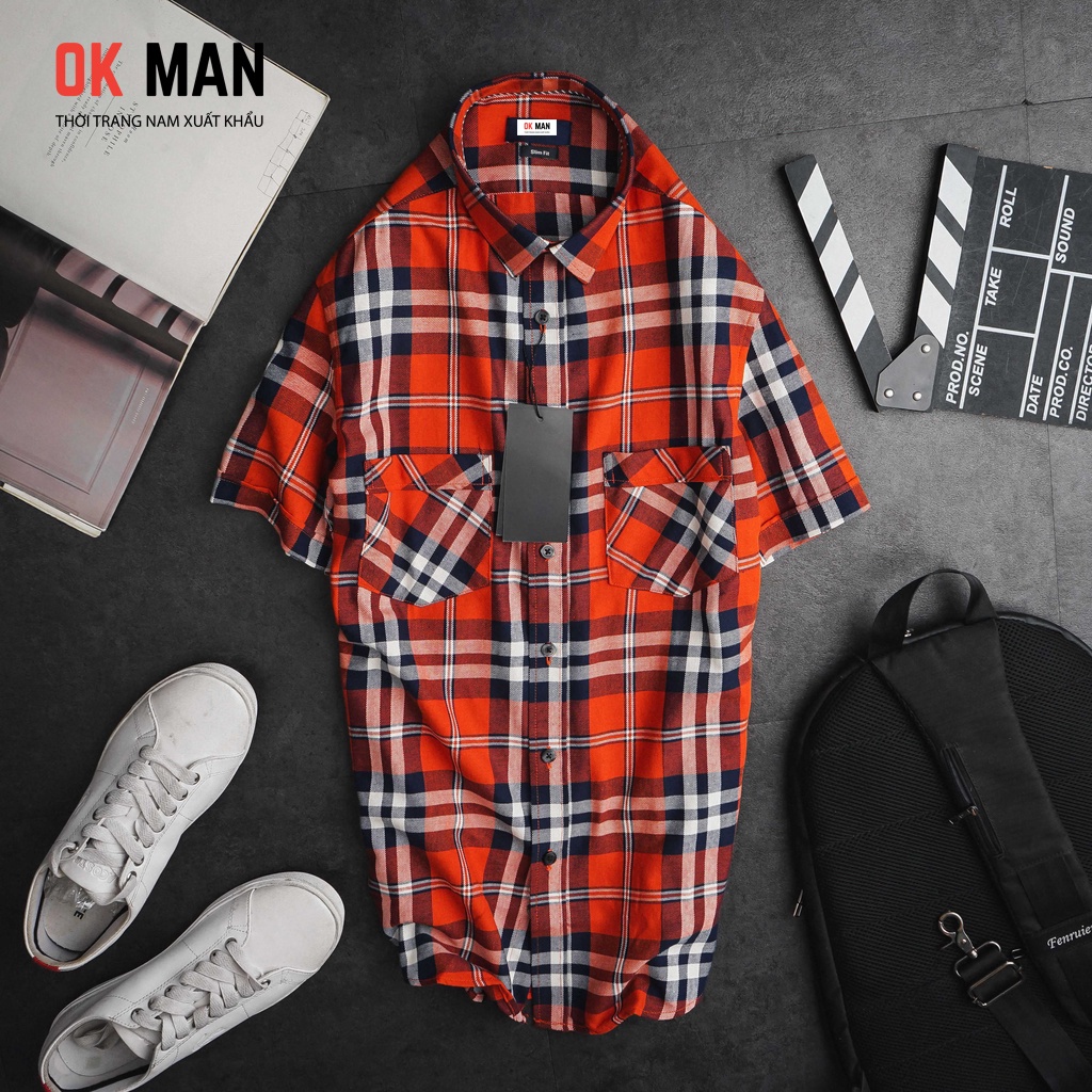 Áo sơ mi nam ngắn tay kẻ caro, form slimfit, 5 màu, chất liệu cotton, OkMan