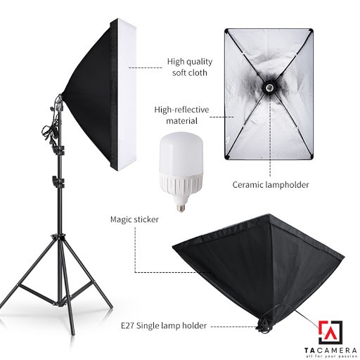 Bộ đèn chụp, Livestream  gồm Softbox 50x70cm + Chân Đèn 2,4m + Bóng đèn