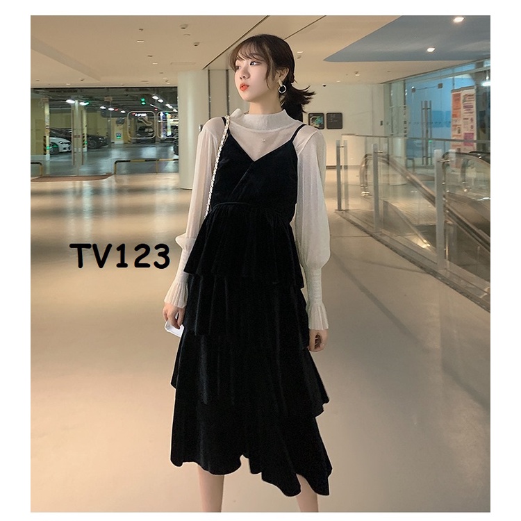 Đầm yếm nhung phối áo voan   kiểu dáng tiểu thư-TV123