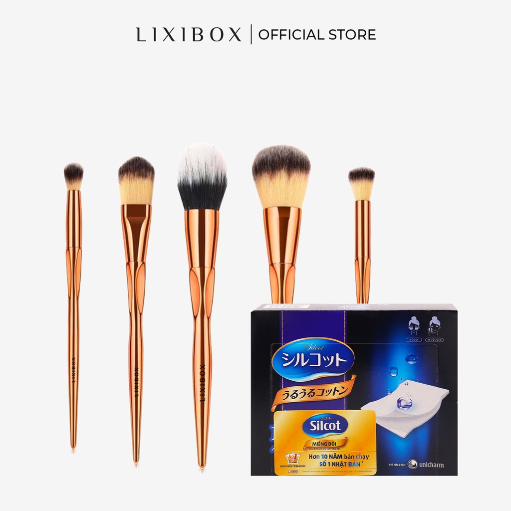 [HB Gift] Combo Bông Tẩy Trang Silcot Miếng Đôi, Bộ Cọ Trang Điểm Lixibox Makeup Brush 05pcs Set