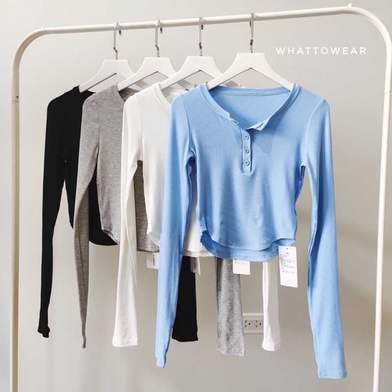 Áo croptop tay dài thun gân mịn cài nút vạt bầu