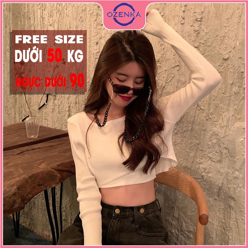 Áo thun croptop tay dài mỏng mặc hè OZENKA ,crt kiểu hàn quốc rộng khoét gấu gợi cảm mặc đi chơi đi học đen trắng