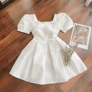 Đầm vintage, váy xoè, váy dự tiệc trắng cổ V đắp chéo (kèm hình thật)