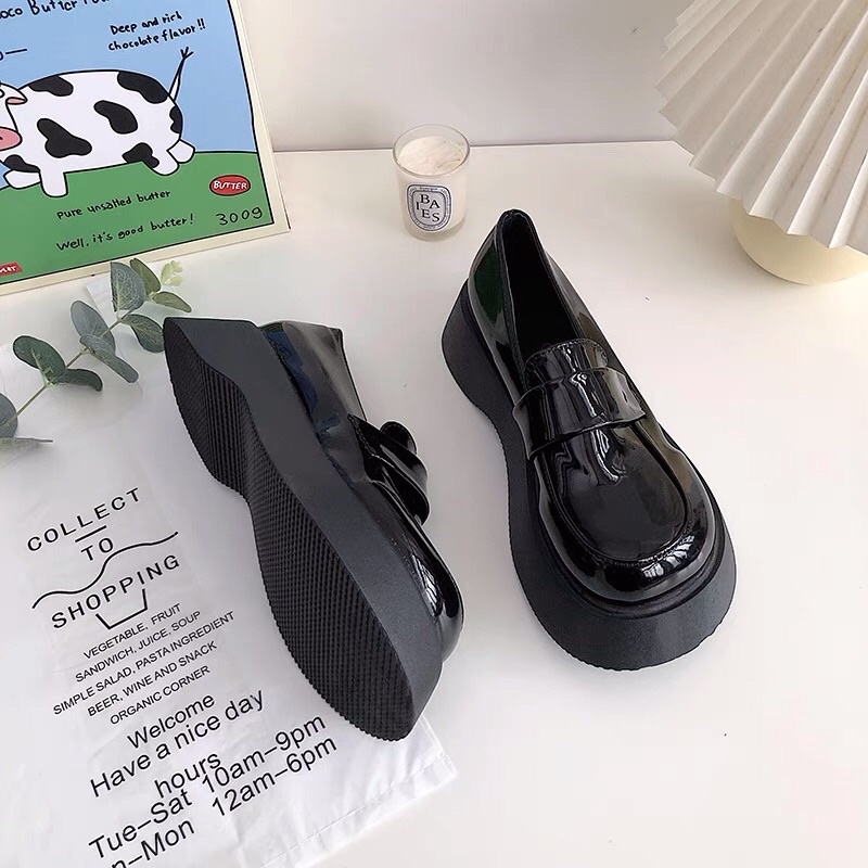 Giày oxford da trơn mũi tròn đế dày bánh mì phong cách Anh