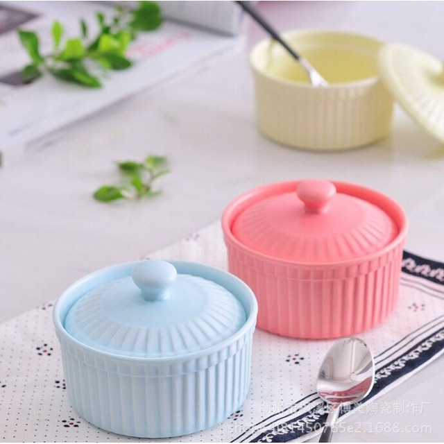 Bát sứ tròn có nắp làm flan,pudding