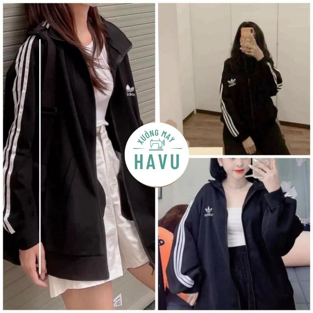 Áo khoác nữ nỉ DAT - Jacket thể thao form rộng tay bồng, hoodie zip kẻ sọc cổ cao phong cách vintage ulzzang