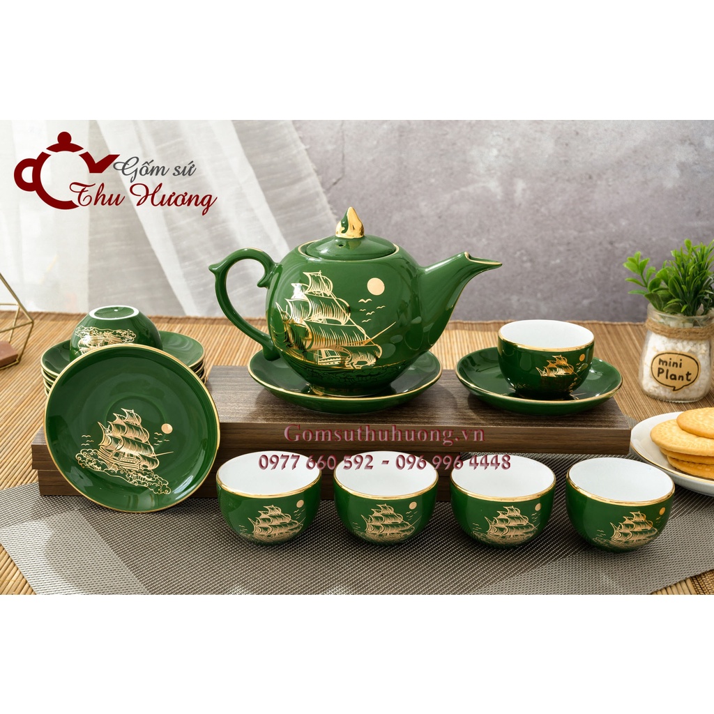 ấm chén Bát Tràng_Bộ trà chóp lửa thuyền buồm men ngọc lục bảo vàng kim