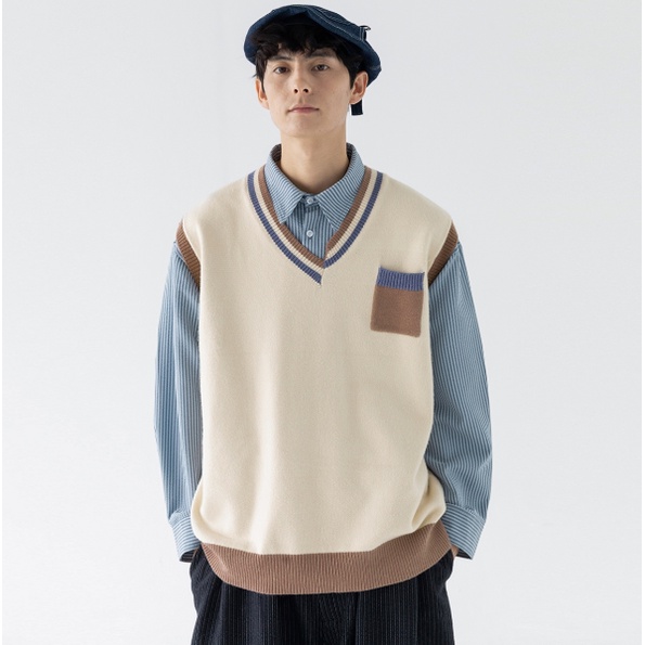 Áo Sweater Dệt Kim Sát Nách Phối Màu Sắc Tương Phản Kiểu Retro Nhật Bản Thời Trang Thu Đông Cho Nam Và Nữ 2022