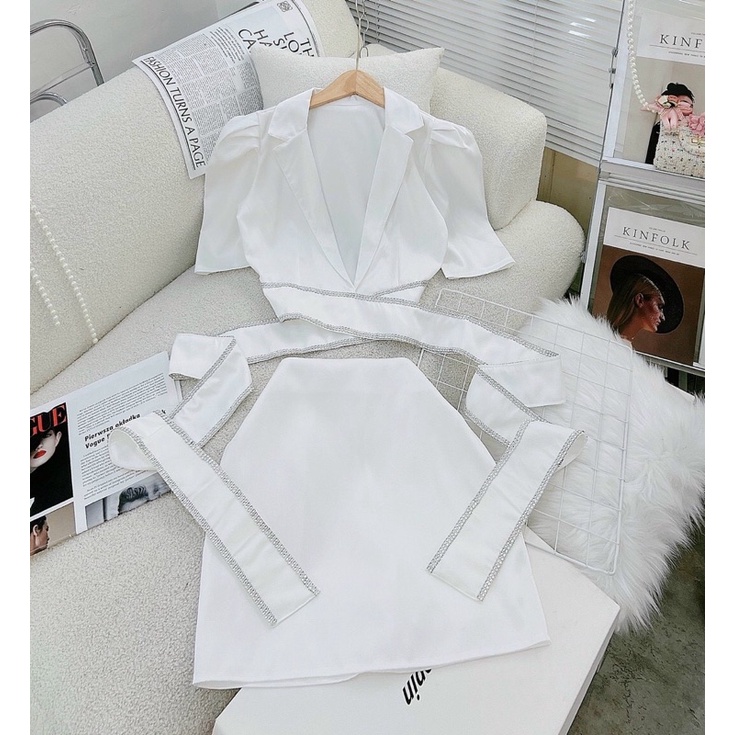 Sét chân váy áo vest cột eo phối viền hình sàn thật