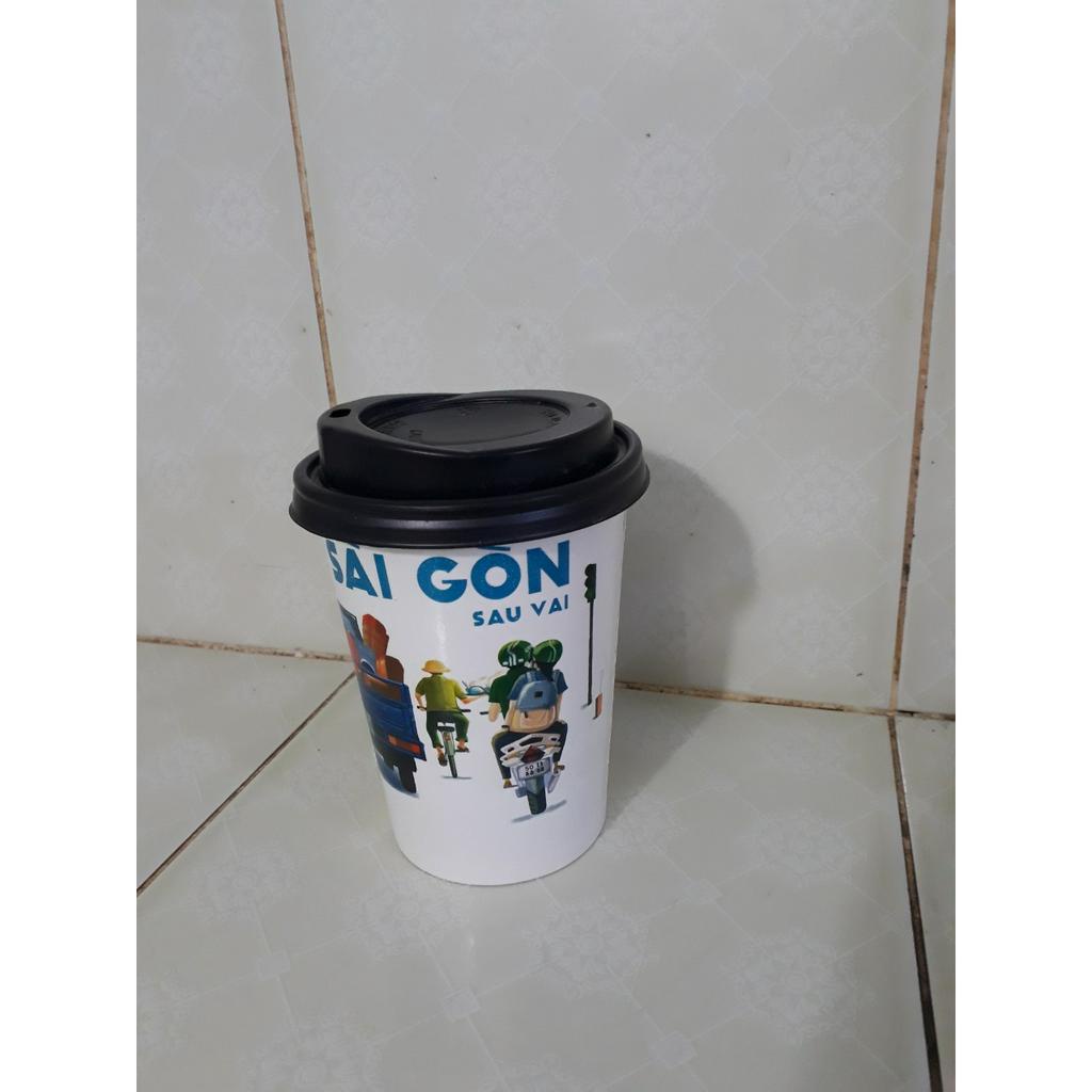 Ly giấy 360ml - 14oz mẫu Sài Gòn Sau Vai, Set 100 cái kèm nắp