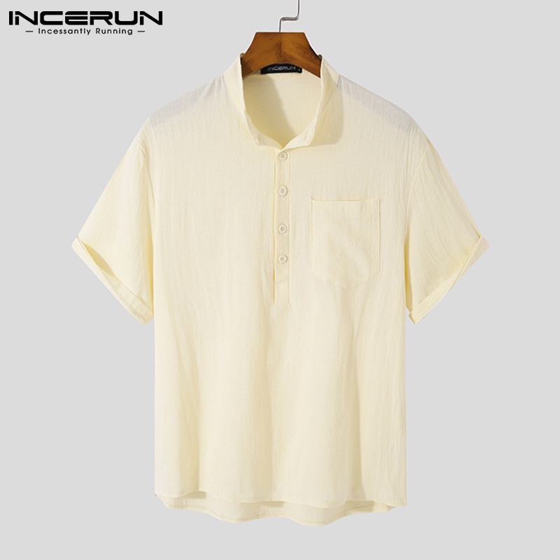 Áo sơ mi nam INCERUN tay ngắn cổ chữ V 4 màu trơn tùy chọn
