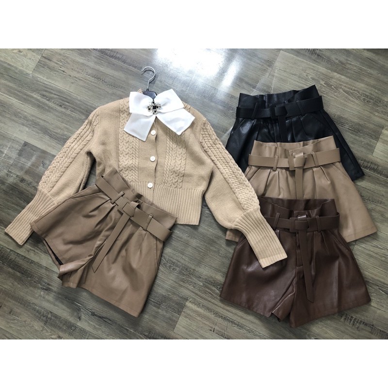 quần sooc da kèm đai