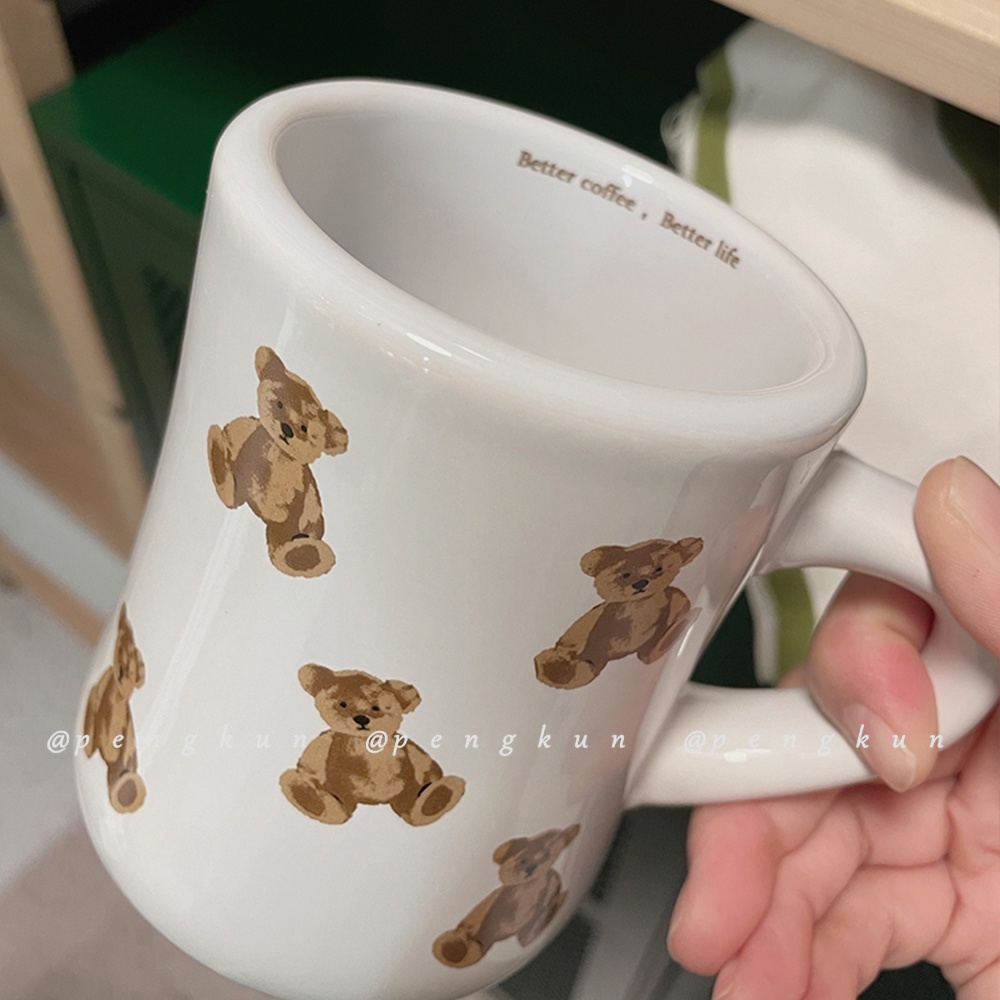 Cốc uống nước cà phê sữa cho bữa sáng kiểu Pháp bằng gốm họa tiết gấu kem mũm mĩm dễ thương