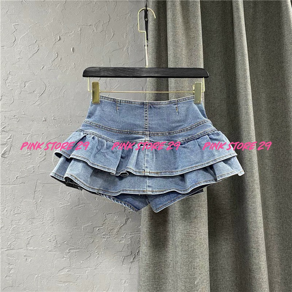 Chân váy xòe hai tầng lưng cao PINKSTORE29, chất denim đường phố CÁ TÍNH C024
