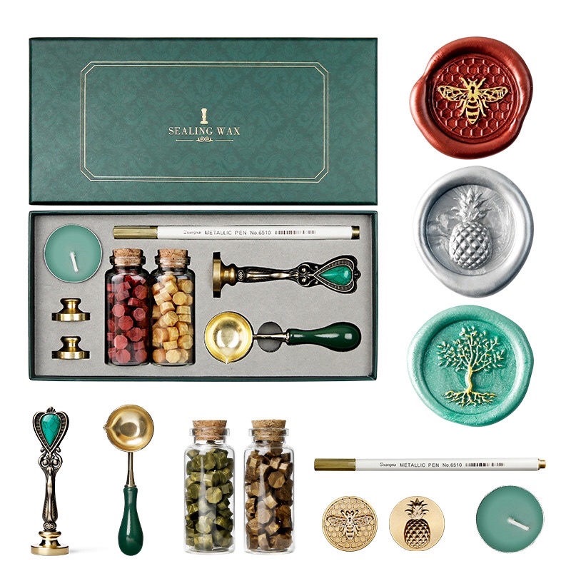 Set dụng cụ con dấu và hạt sáp niêm phong Sealing Wax đầy đủ dụng cụ (có thêm mặt dấu và bút nhũ tô sáp)