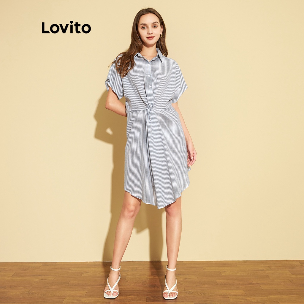 Đầm Lovito cảm giác mát mẻ thắt nút họa tiết sọc màu trơn thường ngày L25ED032 (màu xanh dương nhạt)