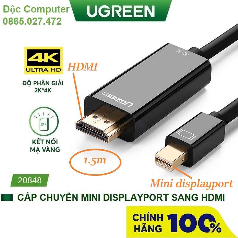 Cáp Mini DisplayPort  to HDMI dài 1.5M độ phân giải 4K Ugreen 20848 20849 - Hàng chính hãng