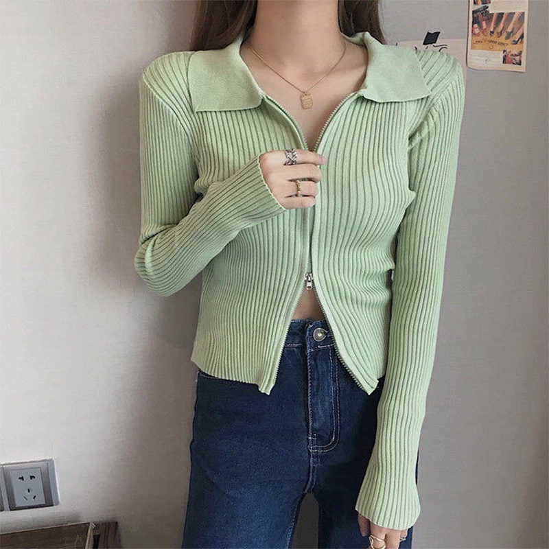 IELGY   Áo sweater cotton Tay Dài Hai Dây Kéo Màu Sắc Trơn Phong Cách Hàn Quốc