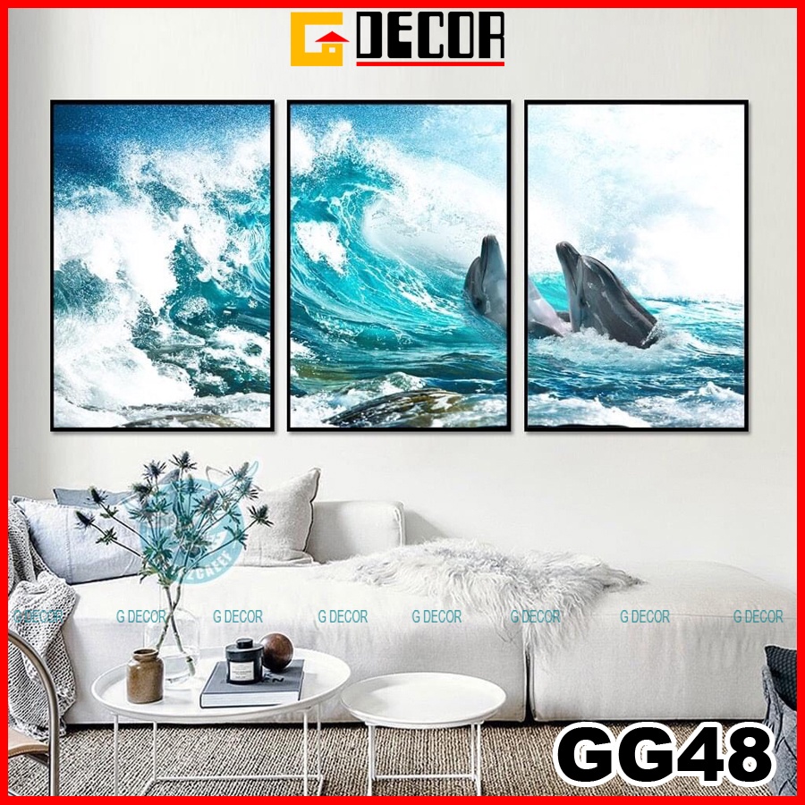 Tranh treo tường canvas khung gỗ 3 bức phong cách hiện đại Bắc Âu tranh biển trang trí phòng khách phòng ngủ spa 48