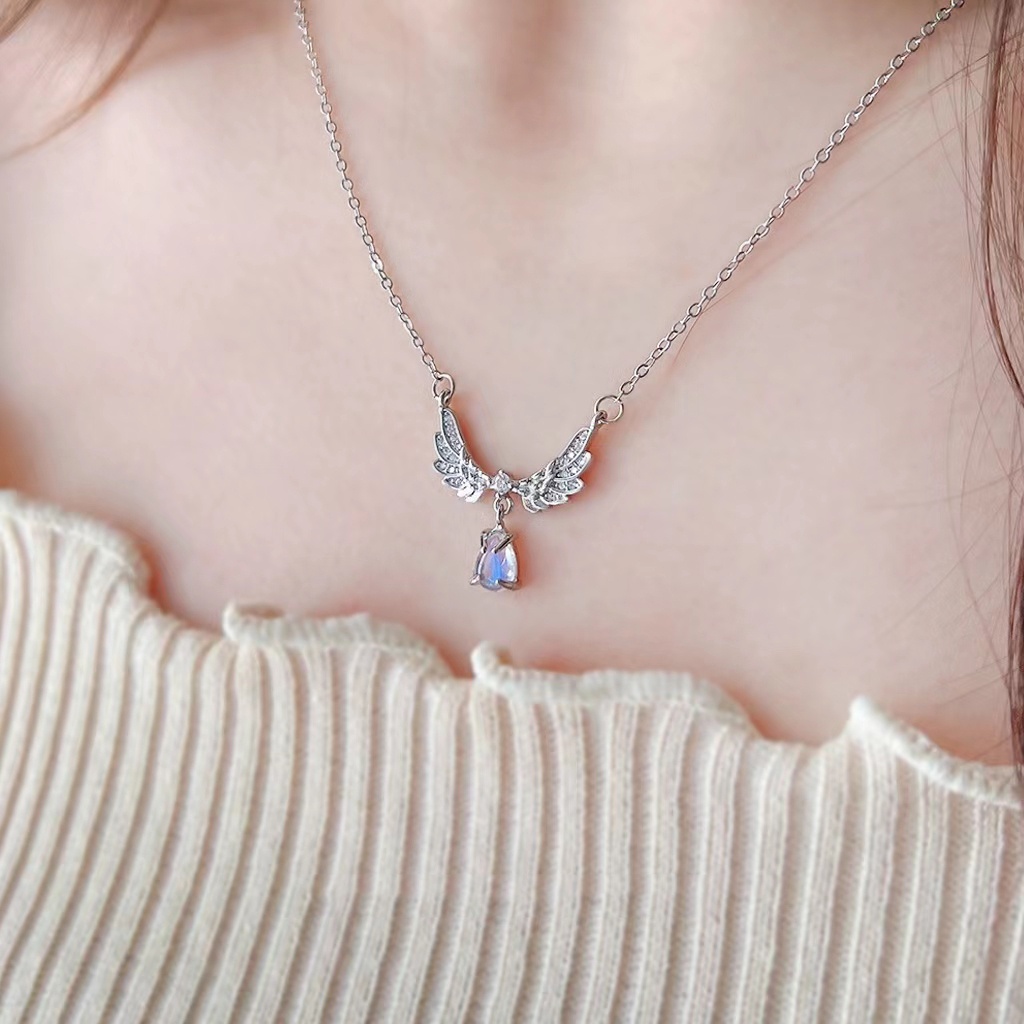 Vòng cổ Mạ Bạc Mặt Đôi Cánh Thiên Thần Đính Đá Nhiều Màu