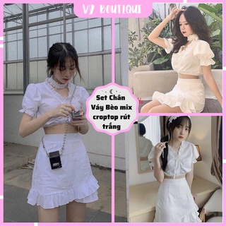 Set Chân Váy Bèo Mix Coptop dây Rút Trắng Siêu Hot