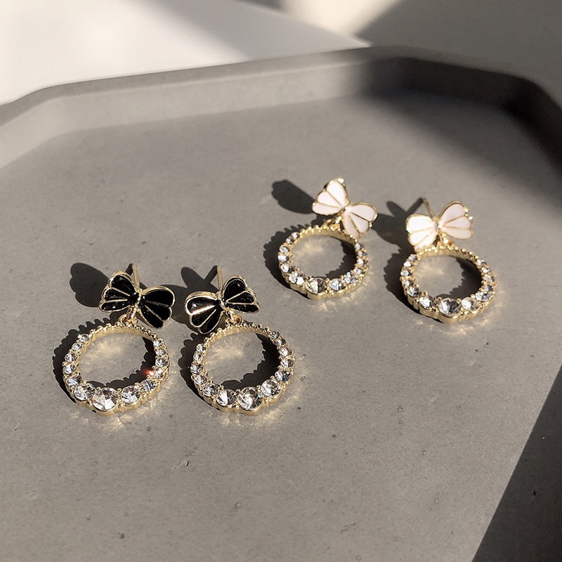 Bông tai tròn phối nơ đính đá zircon phong cách cổ điển Hàn Quốc thời trang thanh lịch cho nữ