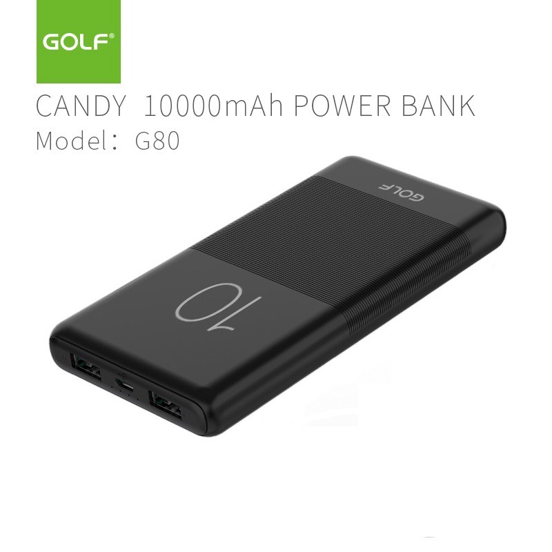 Pin sạc dự phòng 10000mAh Golf CANDY G80 2 cổng USB vỏ nhựa ABS chống cháy (Đen)