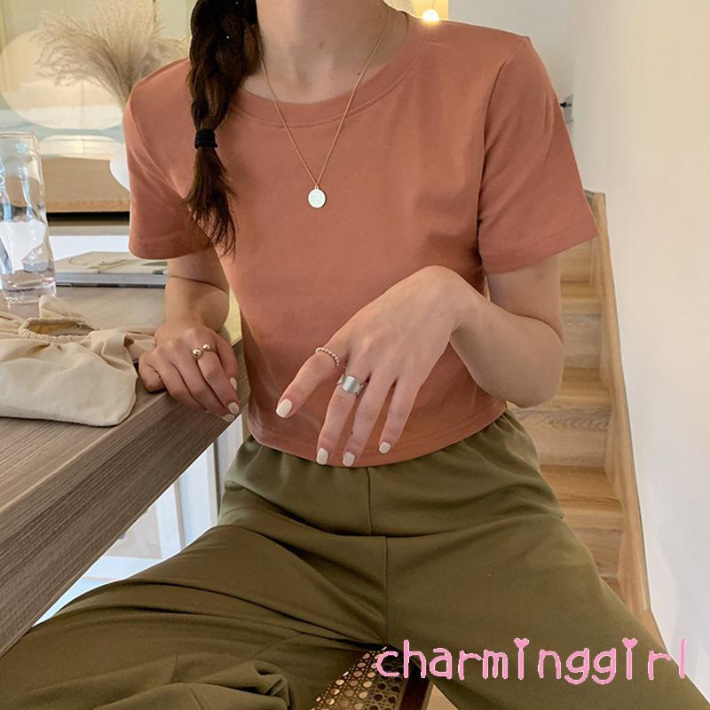 Áo Thun Croptop Tay Ngắn Cổ Tròn Màu Sắc Đơn Giản Dành Cho Nữ