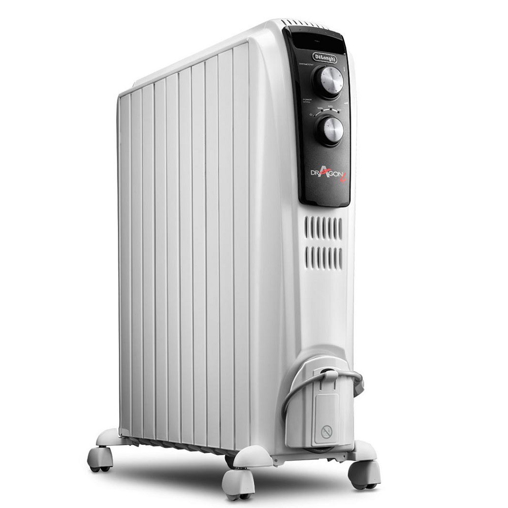 Máy sưởi dầu DeLonghi TRD4 1025 - 10 thanh, màu trắng đen, công suất 1.1-2.5 kW, diện tích 25 m²