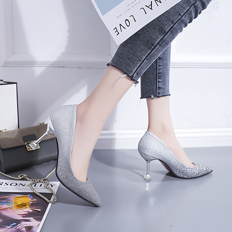 Giày Cao Gót Mũi Nhọn Đính Kim Tuyến Màu Bạc Thời Trang Xuân Thu Mới 2020 Cho Nữ