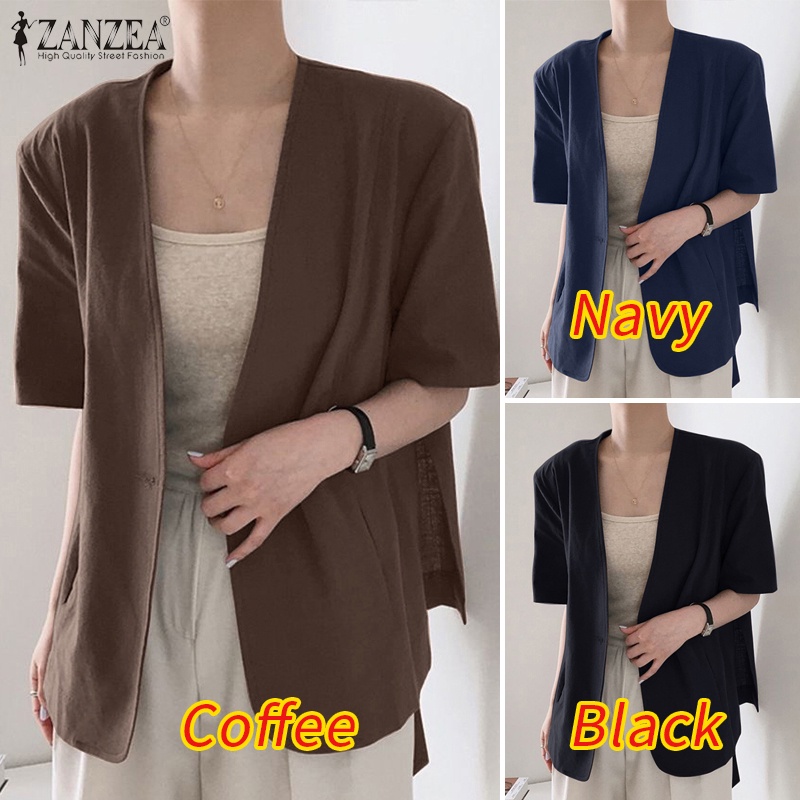 Áo khoác blazer ZANZEA tay lửng cổ chữ V phong cách Hàn Quốc thời trang dành cho nữ