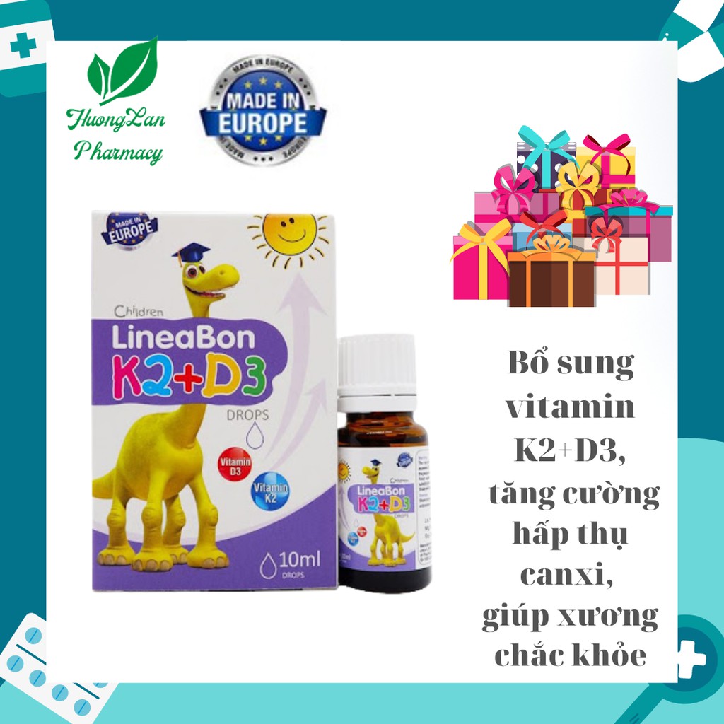 Lineabon  K2 D3 Drops vitamin d3 k2 mk7 cho bé hấp thu canxi phát triển chiều cao giúp xương và răng chăc khỏe(tặng quà)