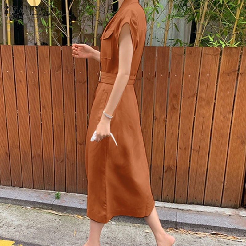 Đầm dài ZANZEA tay ngắn cổ bẻ có túi phối thắt lưng thời trang tùy chọn màu sắc dành cho nữ