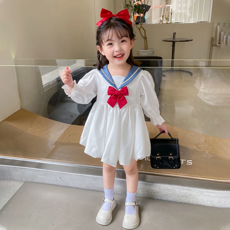 Đầm Công Chúa Cổ Thủy Thủ Thắt Nơ Thời Trang Xuân Thu Cho Bé Gái