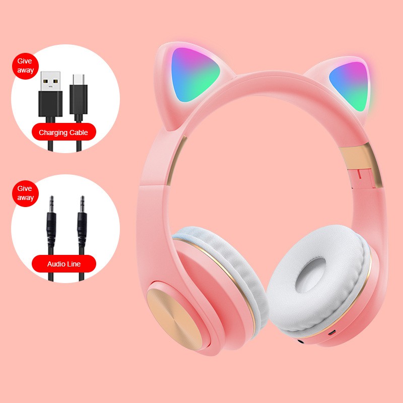 Tai nghe bluetooth tai mèo Goden House cao cấp, headphone tai mèo đáng yêu chống ồn âm thanh trầm ấm Tai nghe chụp tai Bluetooth có đèn LED hỗ trợ điều chỉnh âm lượng BEST