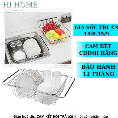 Rổ gác bồn rửa chén, ráo nước, rổ úp chén Inox, giá đỡ, khay úp inox có thể thay đổi chiều dài phù hợp mọi loại bồn