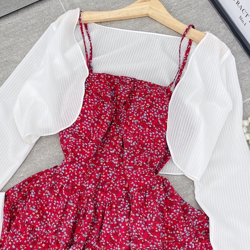 Set Đầm Hoa Đỏ 2 Dây Phối Khoác Cardigan Ngoài [ Ảnh thật 100% ] | BigBuy360 - bigbuy360.vn