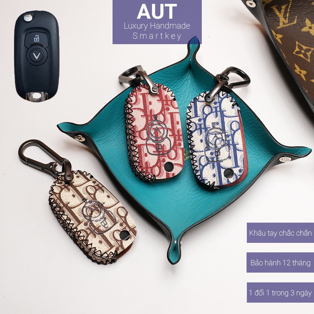 Ốp da chìa khóa ô tô Vinfast Fadil chìa cơ Dior khâu tay VF CD