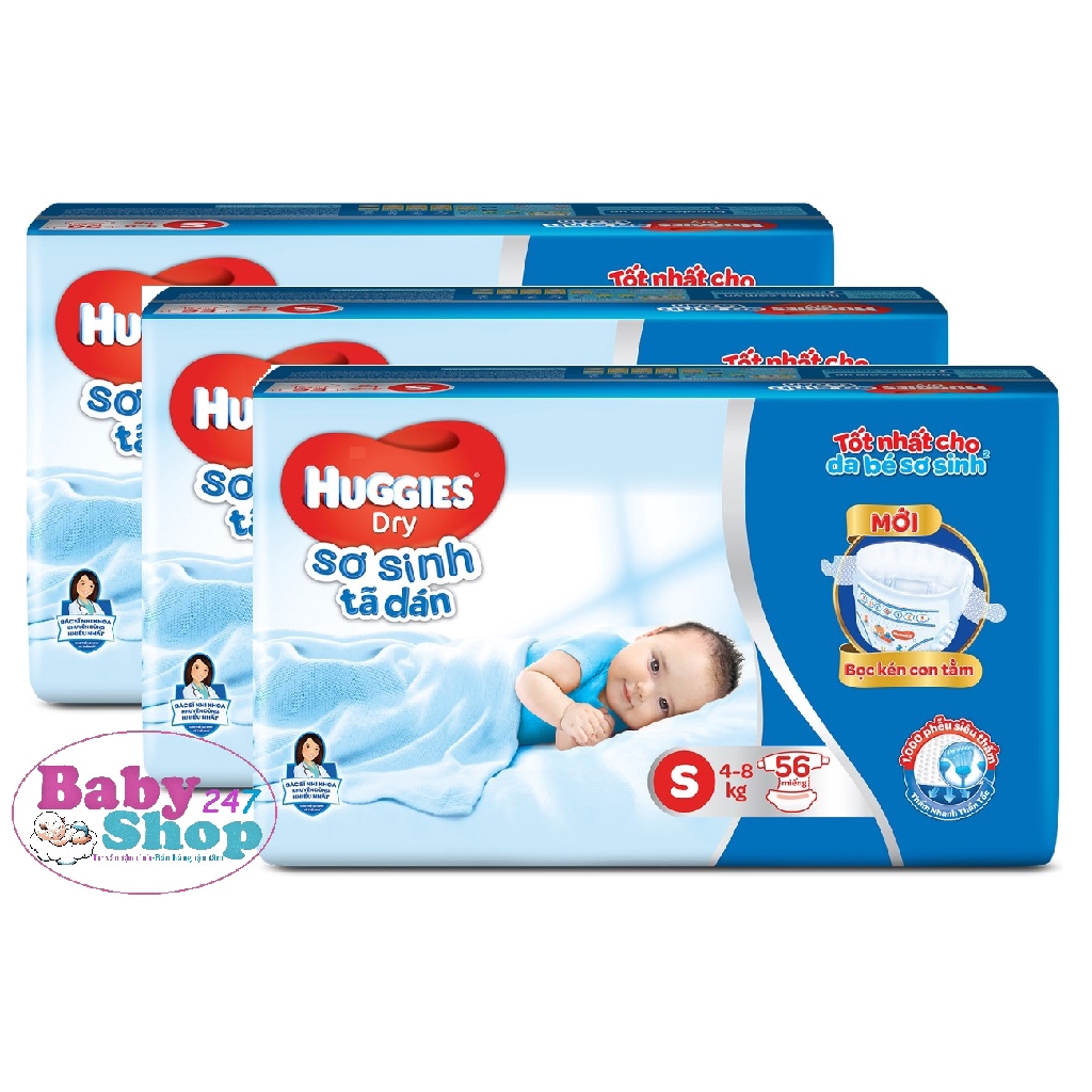 Combo 3 Bịch Tã dán Sơ Sinh Huggies S56 (4-8kg) Mẫu Mới