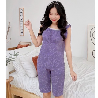 Đồ Bộ Đùi Nữ NHẬT VY Chấm Bi Cổ Vuông Nhún Ngực Tay Bèo Chất Mango Màu Tím, Vàng, Đen - D2104