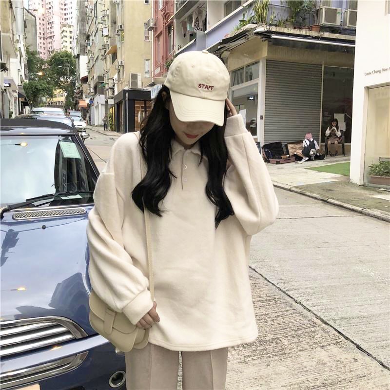 Áo Sweater Nỉ Dài Tay Nữ Dáng Rộng Phong Cách Hàn Quốc, Áo Nỉ Cổ Polo Thời Trang Cao Cấp Ullzang