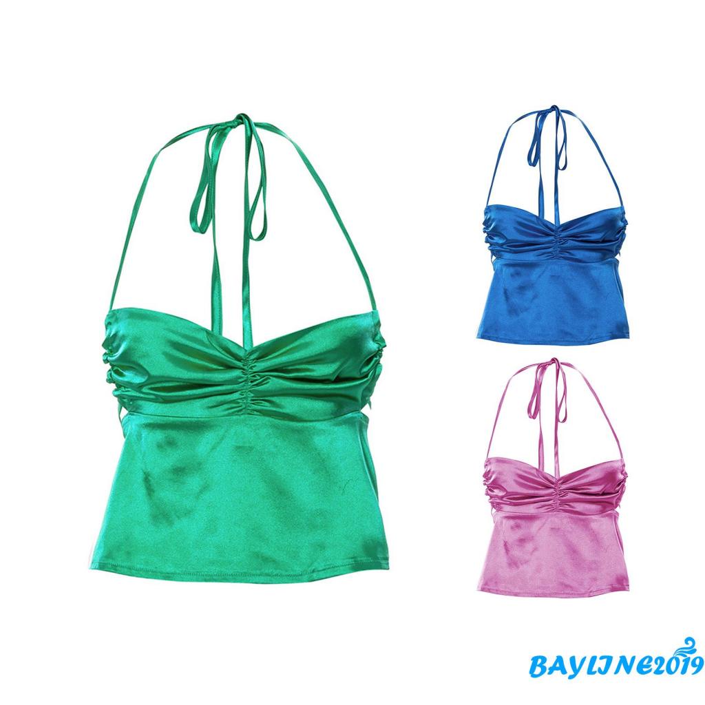 Bay-Women Summer Crop Tops, Halter Neck Sleeveless Pleated Chest Tie Up Bandage Backless Casual Vest