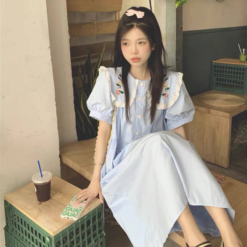 Váy babydoll  Đầm Dài Cổ Búp Bê Thêu Họa Tiết Thời Trang Mùa Hè Hàng Mới 2022