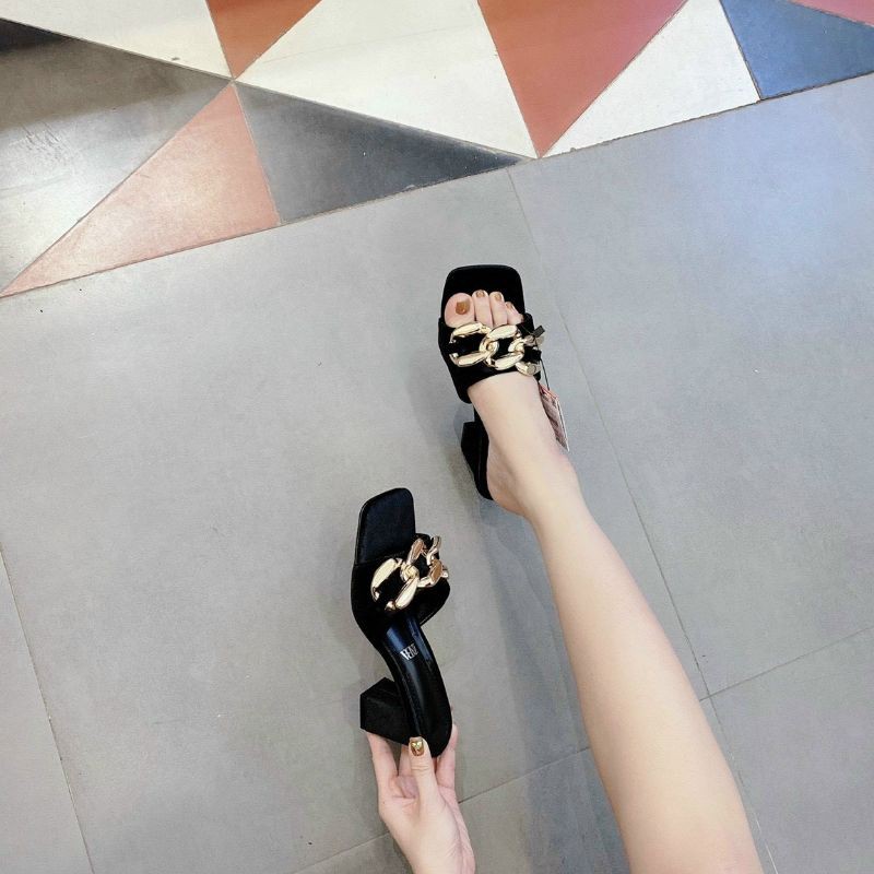 JXM(ẢNH THẬT) Guốc 7p Quai Xích Nhung Mềm Êm Mũi Vuông Fullbox Tag Hãng Cao Cấp