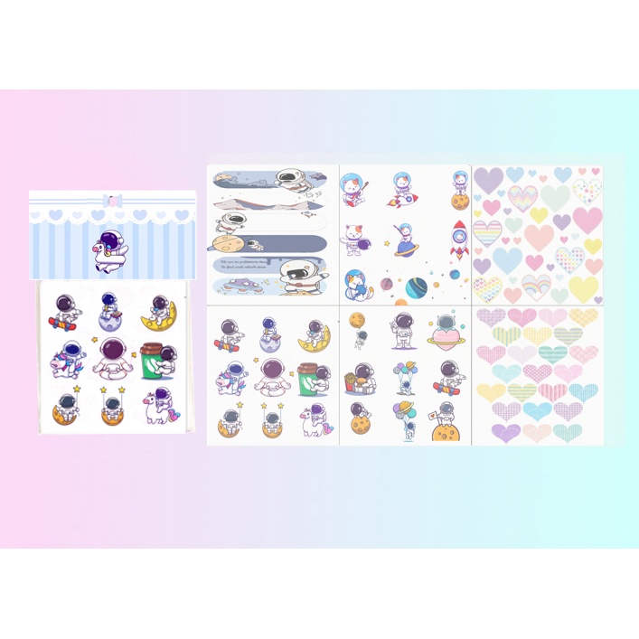 set 6 sticker washi phi hành gia S6W28 cute dễ thương hoạt hình ko bế 10x10cm