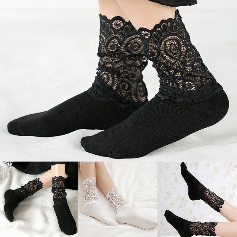 Xiangbao Vớ Cotton Dài Đến Mắt Cá Chân Phối Lưới Ren Hoa Ngọt Ngào Kiểu Harajuku Công Chúa Cổ Điển Thanh Lịch Cho Nữ Ho