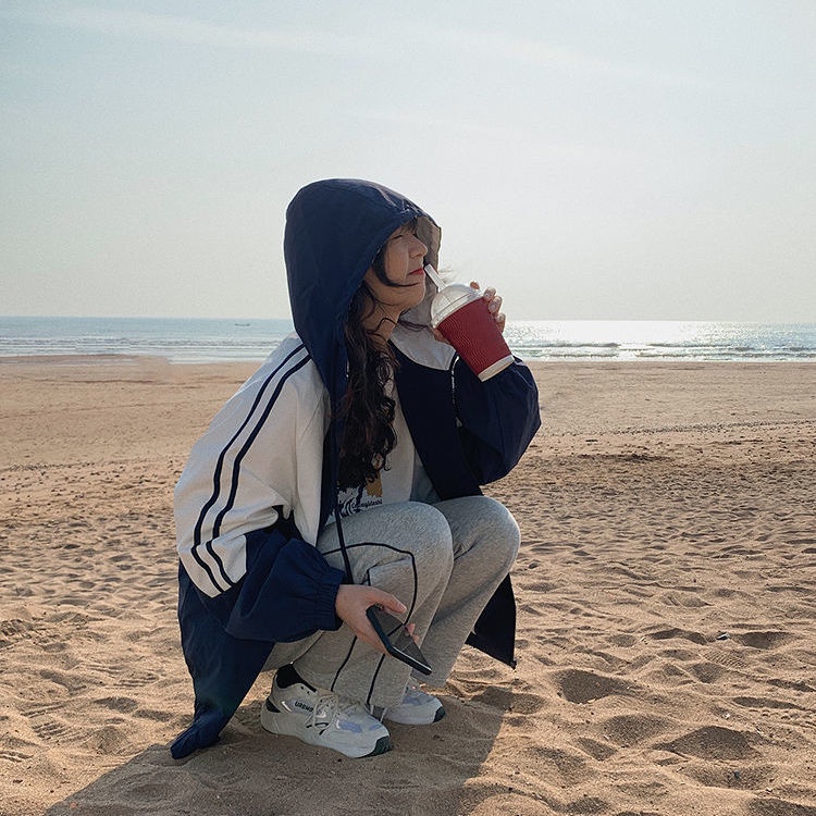 Áo khoác hoodie dáng rộng màu xanh dương hồng 2021 cho nữ sinh đại học